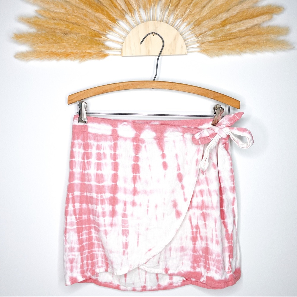 Free People Ann Reed Tie Dye Linen Wrap Skirt Pink White